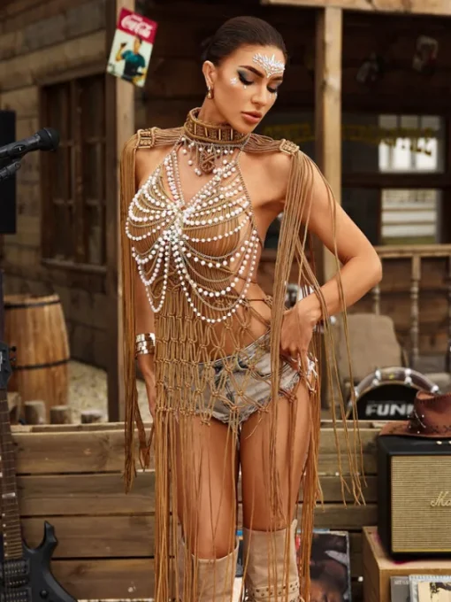Tops*Mew Mews Fashion O/S Gordon Fringe Pearl Beaded Bralette