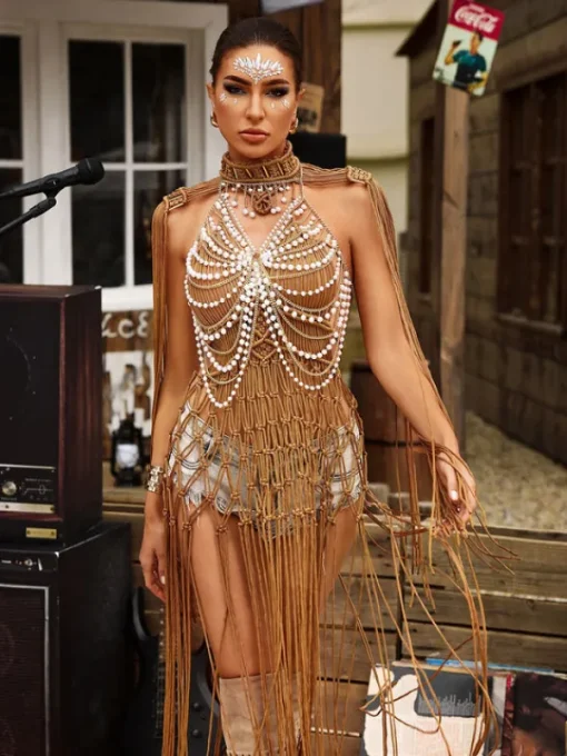 Tops*Mew Mews Fashion O/S Gordon Fringe Pearl Beaded Bralette