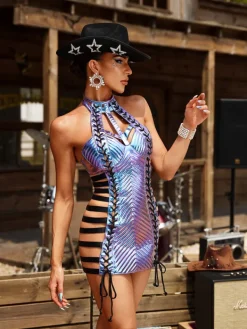 Dresses | Mini Dresses*Mew Mews Fashion Gracyn Halterneck Lace Up Leather Mini Dress In Blue