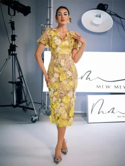 Dresses | Midi Dresses*Mew Mews Fashion Grayson Flower Embroidered Midi Dress In Yellow