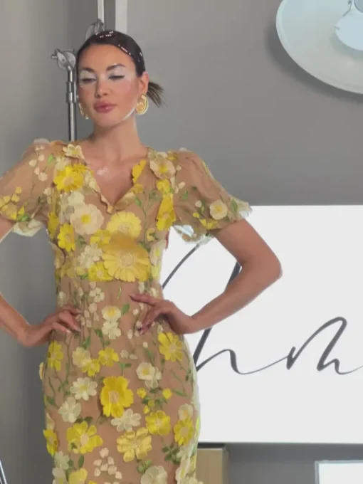 Dresses | Midi Dresses*Mew Mews Fashion Grayson Flower Embroidered Midi Dress In Yellow