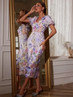 Dresses | Midi Dresses*Mew Mews Fashion Grayson Flower Embroidered Midi Dress In Purple