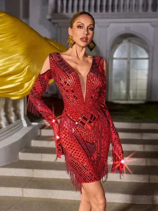 Embellishment | Dresses*Embellishment Gwyndara Rhinestone Fringe Acrylic Mini Dress