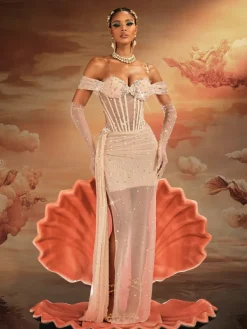 Embellishment | Dresses*Embellishment Haldor Off Shoulder Crystal Mesh Draped Maxi Dress