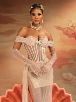 Embellishment | Dresses*Embellishment Haldor Off Shoulder Crystal Mesh Draped Maxi Dress