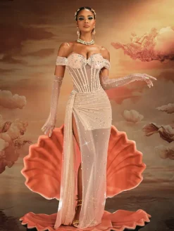 Embellishment | Dresses*Embellishment Haldor Off Shoulder Crystal Mesh Draped Maxi Dress