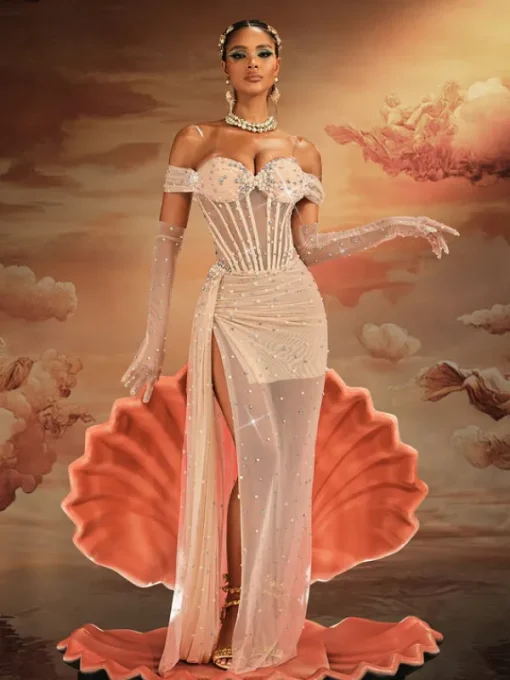 Embellishment | Dresses*Embellishment Haldor Off Shoulder Crystal Mesh Draped Maxi Dress