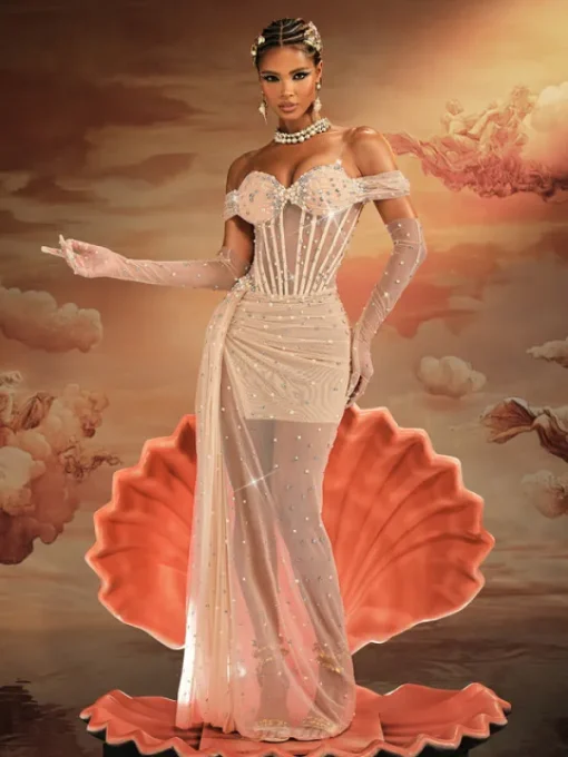 Embellishment | Dresses*Embellishment Haldor Off Shoulder Crystal Mesh Draped Maxi Dress