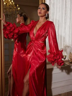 Dresses | Maxi Dresses*Mew Mews Fashion Halston Long Sleeve Ruched Split Maxi Dress
