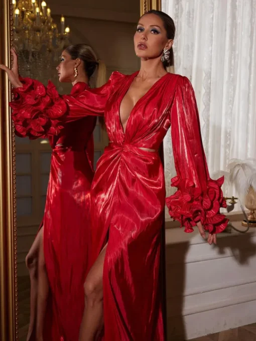 Dresses | Maxi Dresses*Mew Mews Fashion Halston Long Sleeve Ruched Split Maxi Dress