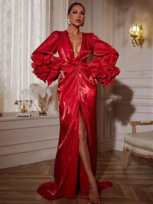 Dresses | Maxi Dresses*Mew Mews Fashion Halston Long Sleeve Ruched Split Maxi Dress