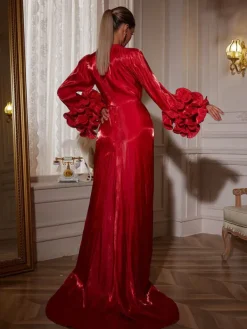 Dresses | Maxi Dresses*Mew Mews Fashion Halston Long Sleeve Ruched Split Maxi Dress