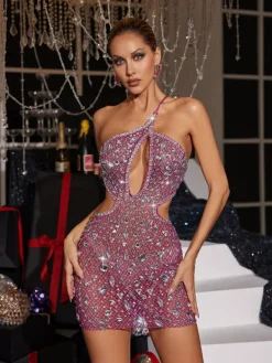 Embellishment | Dresses*Embellishment Hanne Backless Rhinestone Mesh Mini Dress In Pink