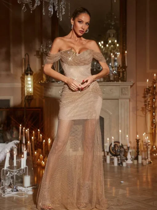 Embellishment | Dresses*Lu Yili Harva Off Shoulder Diamond Mesh Maxi Dress