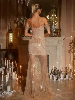 Embellishment | Dresses*Lu Yili Harva Off Shoulder Diamond Mesh Maxi Dress