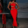 Dresses*Bandage Hedwig Cutout High Split Dress In Red