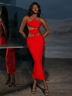 Dresses*Bandage Hedwig Cutout High Split Dress In Red