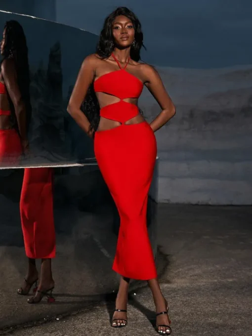 Dresses*Bandage Hedwig Cutout High Split Dress In Red