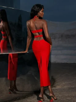 Dresses*Bandage Hedwig Cutout High Split Dress In Red