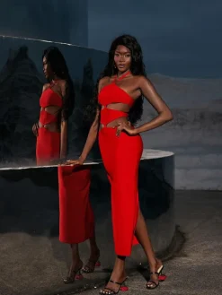 Dresses*Bandage Hedwig Cutout High Split Dress In Red