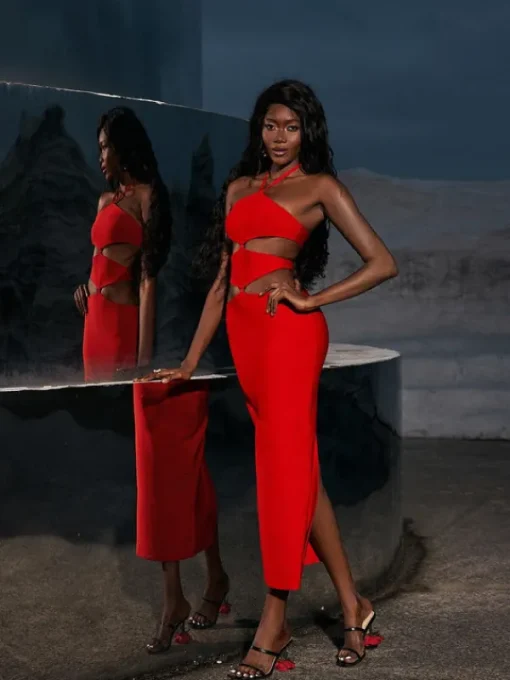 Dresses*Bandage Hedwig Cutout High Split Dress In Red