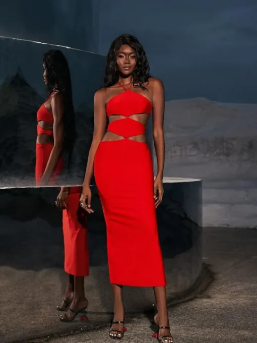Dresses*Bandage Hedwig Cutout High Split Dress In Red
