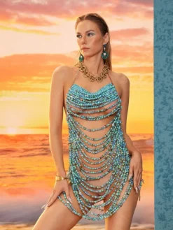 Beaded Wear | Dresses*Mew Mews Fashion O/S Huxley Beaded Fringe Dress In Blue