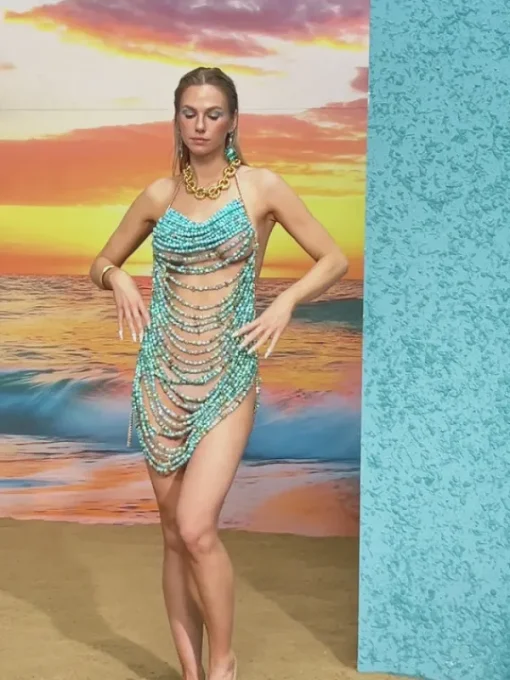 Beaded Wear | Dresses*Mew Mews Fashion O/S Huxley Beaded Fringe Dress In Blue