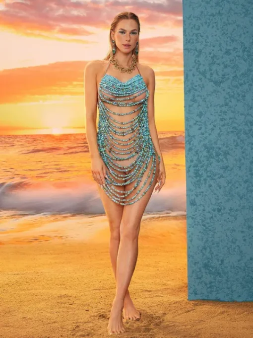 Beaded Wear | Dresses*Mew Mews Fashion O/S Huxley Beaded Fringe Dress In Blue