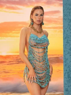 Beaded Wear | Dresses*Mew Mews Fashion O/S Huxley Beaded Fringe Dress In Blue