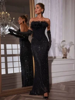 Embellishment | Dresses*Lu Yili Inaki Corset Feather Sequin Maxi Dress With Gloves