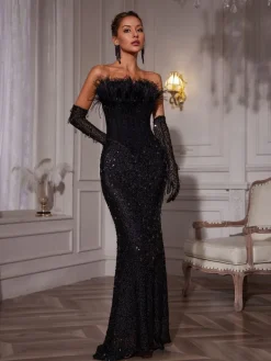 Embellishment | Dresses*Lu Yili Inaki Corset Feather Sequin Maxi Dress With Gloves