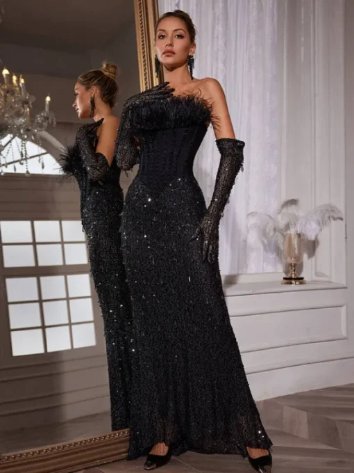 Embellishment | Dresses*Lu Yili Inaki Corset Feather Sequin Maxi Dress With Gloves