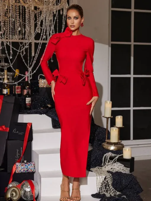 Dresses*Bandage Ishhara Long Sleeve Bow Cutout Dress