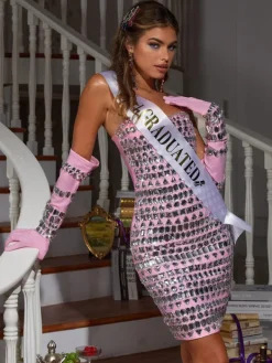 Dresses | Mini Dresses*Bandage Izaiah Crystal Embellished Dress With Gloves In Pink