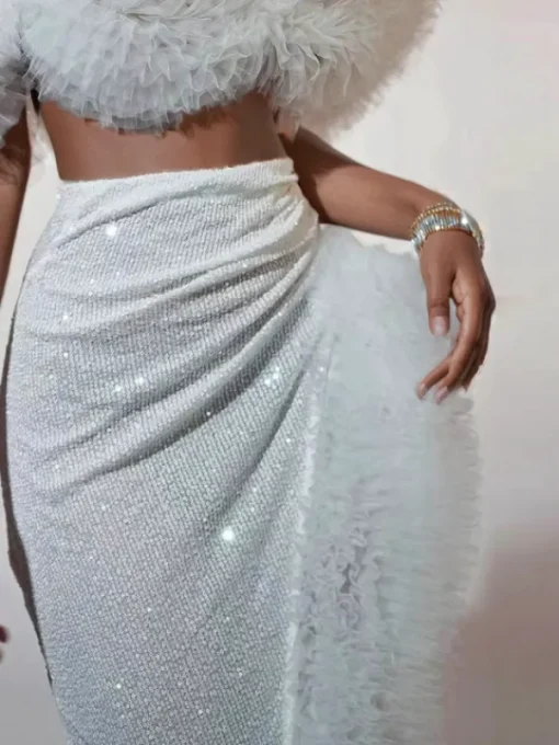 Sets & Co-ords*Jiu Bajia O/S Jalynne Corset Tulle Trimmed Sequin Skirt Set In White