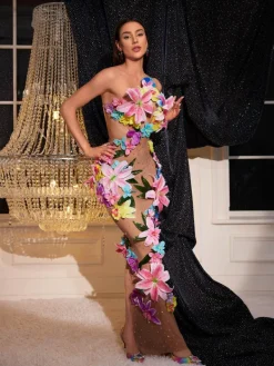 Dresses | Maxi Dresses*Mew Mews Fashion Jamshid Backless Flower Rhinestone Mesh Dress