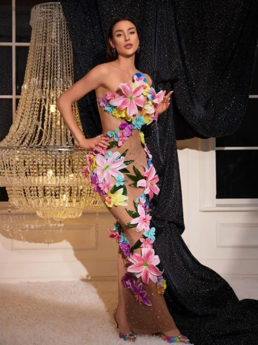 Dresses | Maxi Dresses*Mew Mews Fashion Jamshid Backless Flower Rhinestone Mesh Dress
