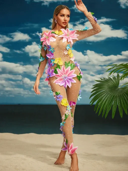 Jumpsuits & Romper*W Jia O/S Jamshid Long Sleeve Flower Mesh Jumpsuit