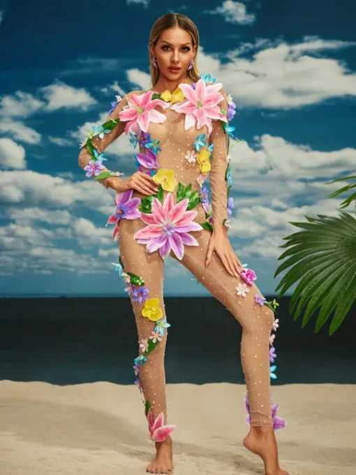 Jumpsuits & Romper*W Jia O/S Jamshid Long Sleeve Flower Mesh Jumpsuit
