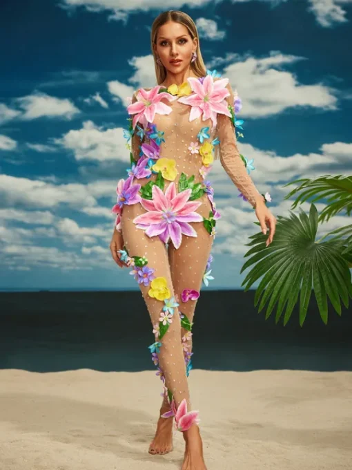 Jumpsuits & Romper*W Jia O/S Jamshid Long Sleeve Flower Mesh Jumpsuit