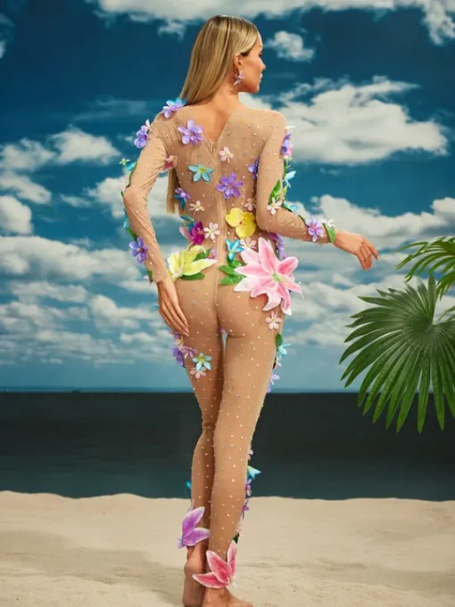 Jumpsuits & Romper*W Jia O/S Jamshid Long Sleeve Flower Mesh Jumpsuit