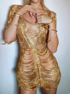 Dresses | Mini Dresses*W Jia Janison Diamond Chain Mesh Mini Dress In Gold