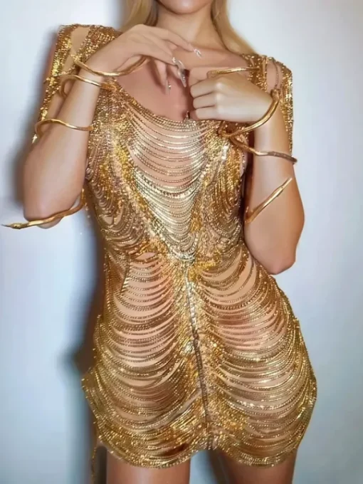 Dresses | Mini Dresses*W Jia Janison Diamond Chain Mesh Mini Dress In Gold