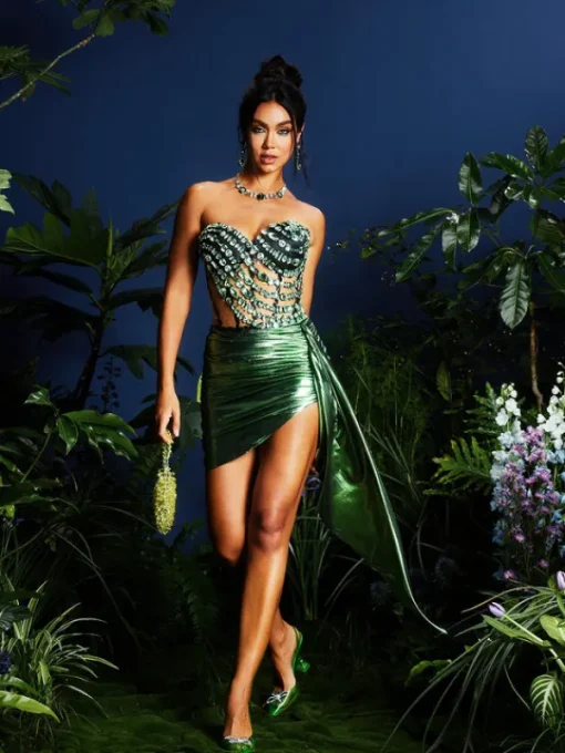 Sets & Co-ords*Jiu Bajia O/S Jenivee Rhinestone Corset Draped Skirt Set In Green