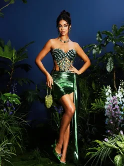 Sets & Co-ords*Jiu Bajia O/S Jenivee Rhinestone Corset Draped Skirt Set In Green