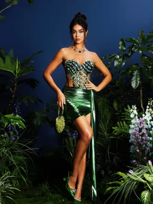 Sets & Co-ords*Jiu Bajia O/S Jenivee Rhinestone Corset Draped Skirt Set In Green