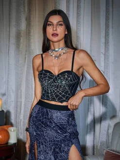 Tops*Mew Mews Fashion Jiya Cobweb Rhinestone Crop Top