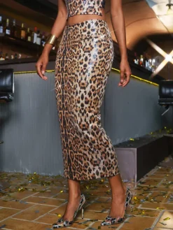 Skirts*Mew Mews Fashion Jonette Leopard Sequin Skirt