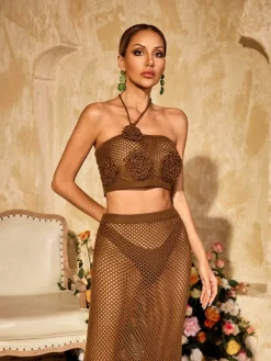 Sets & Co-ords*Mew Mews Fashion Jyxaris Halterneck Flower Knitted Skirt Set